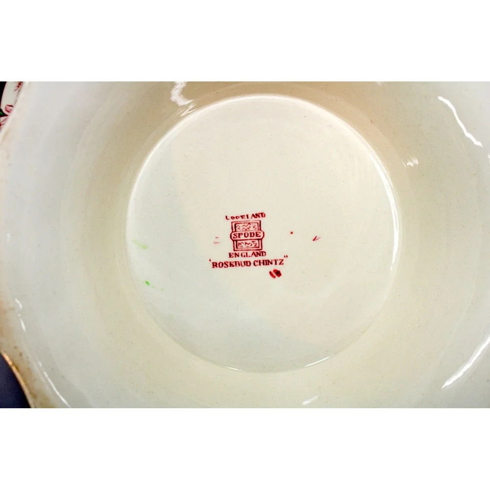 Spode England Rosebud Chintz Footed Punch Bowl Scalloped Floral Vintage 10 inch